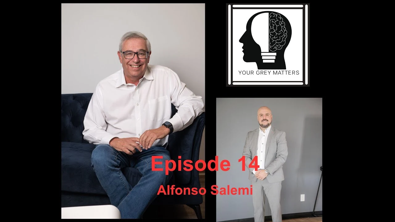 A composite image featuring two men and a logo. On the left, an older man with grey hair and glasses sits smiling on a blue couch. On the right, a bald man in a grey suit stands against a light background. Between them is the "Your Grey Matters" podcast logo.