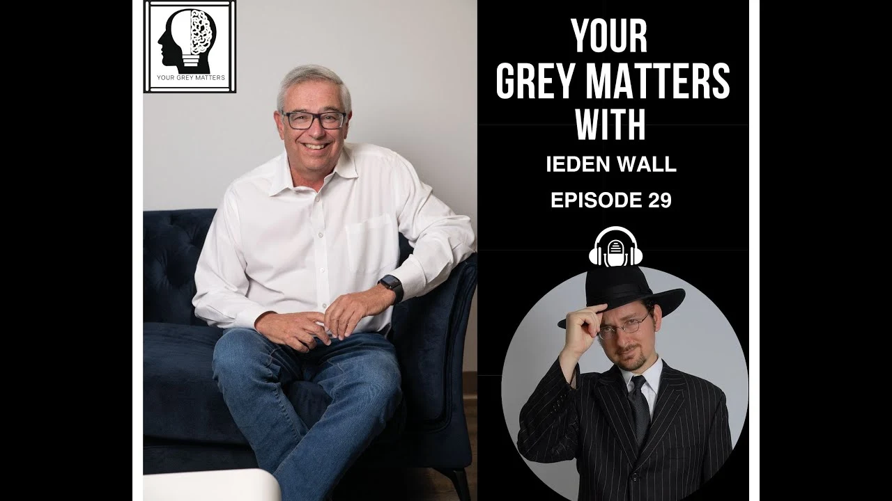 Neil, the host of Your Grey Matters, sits on a couch while Ieden Wall, dressed in a suit and hat, is featured on the right side. This promotional image is for episode 29 of the podcast, highlighting an inspiring conversation with the renowned media leader and poet.