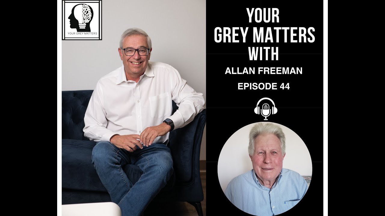 This is the cover image for Episode 44 of the 'Your Grey Matters' podcast. The image features Neil, one of the hosts, seated and smiling in a white shirt and jeans. Next to him is a text overlay that reads 'Your Grey Matters with Allan Freeman Episode 44,' accompanied by an icon of a microphone. Below the text is a circular inset photo of Allan Freeman, smiling and wearing a blue shirt. The podcast discusses the benefits of Iron Earth for sustainable agriculture.