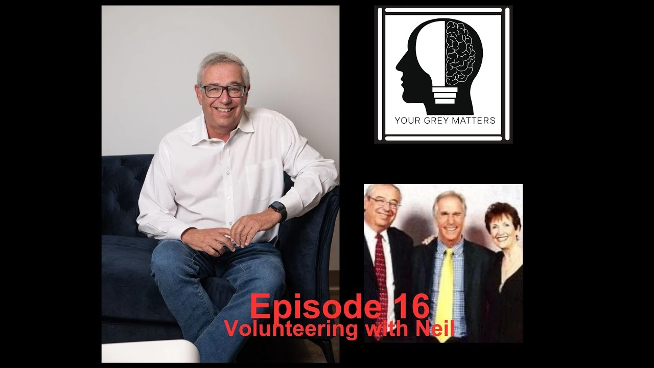 Composite image featuring a smiling man in a white shirt and jeans seated on a blue couch, the Your Grey Matters podcast logo, and a small photo of three people in formal attire.