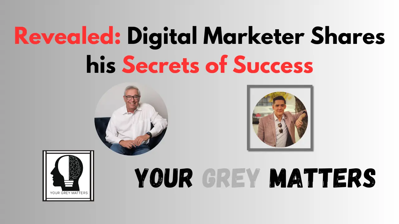 A promotional image for the Your Grey Matters podcast with host Neil Silvert sitting on a couch on the left side of the image, and guest Alex Nye in a circle portrait on the right side.